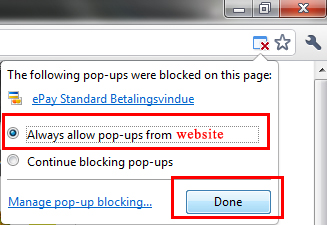 Click on ‘Always allow pop-ups’ and on ‘Done’