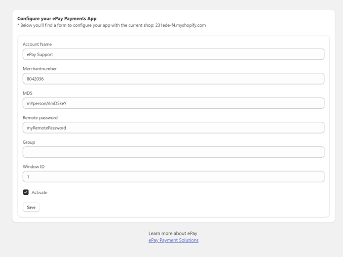 Enter ePay account details